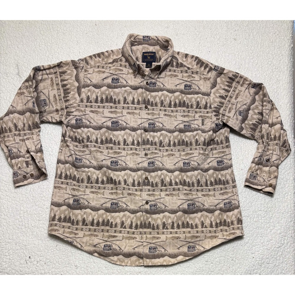 Woolrich Mens XXL Beige Cotton Flannel Novelty Fishing Print Button Up Shirt
